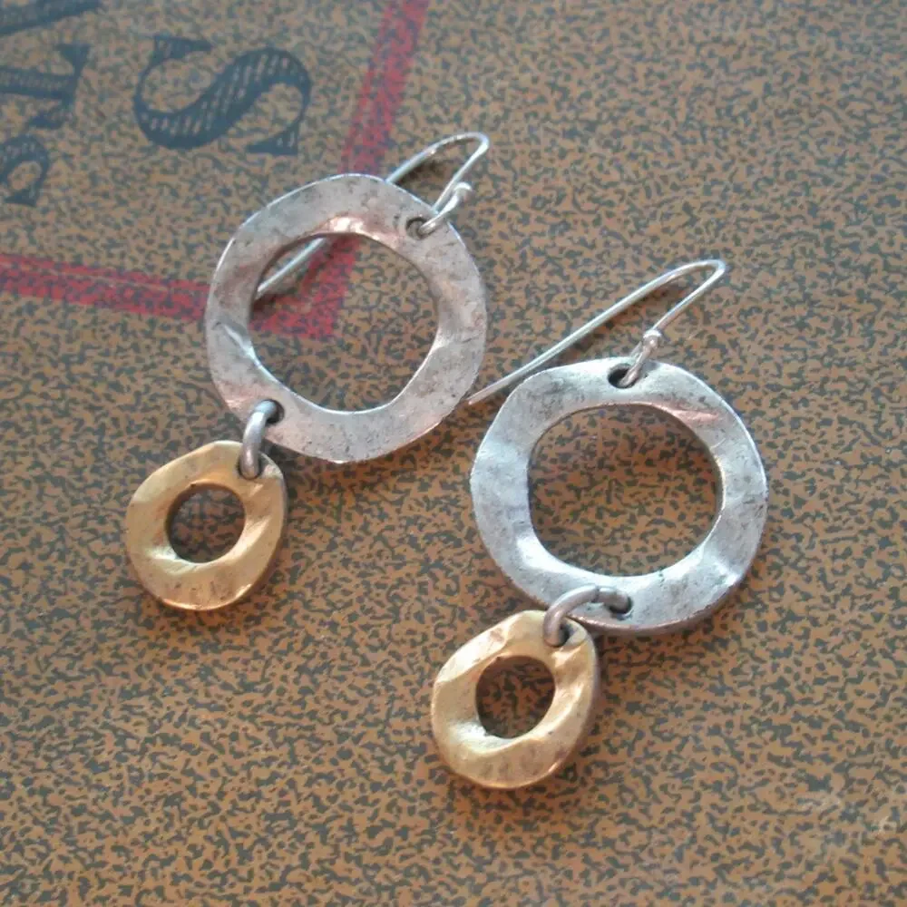 Handmade Dangle Hoop Earrings Silver Tone Metal Brass Tone Hanging Circles Wire